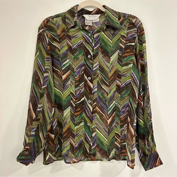 EUC Max Mara 100% Silk Sheer Button-Up Blouse Chevron Green Brown Purple Size 8 - Picture 7 of 9